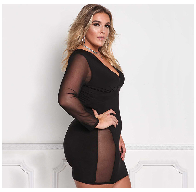 SZ60021 Womens Sexy V Neck Mesh Long Sleeves Autumn Plus Size Womens Dress